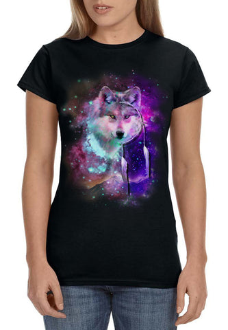 Dreamcatcher Wolf Space Fantasy Womens Shirt Black Galaxy Universe Tee Small